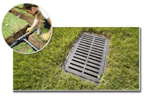 person with a level checking drainage pipes overlaying a french drain image.